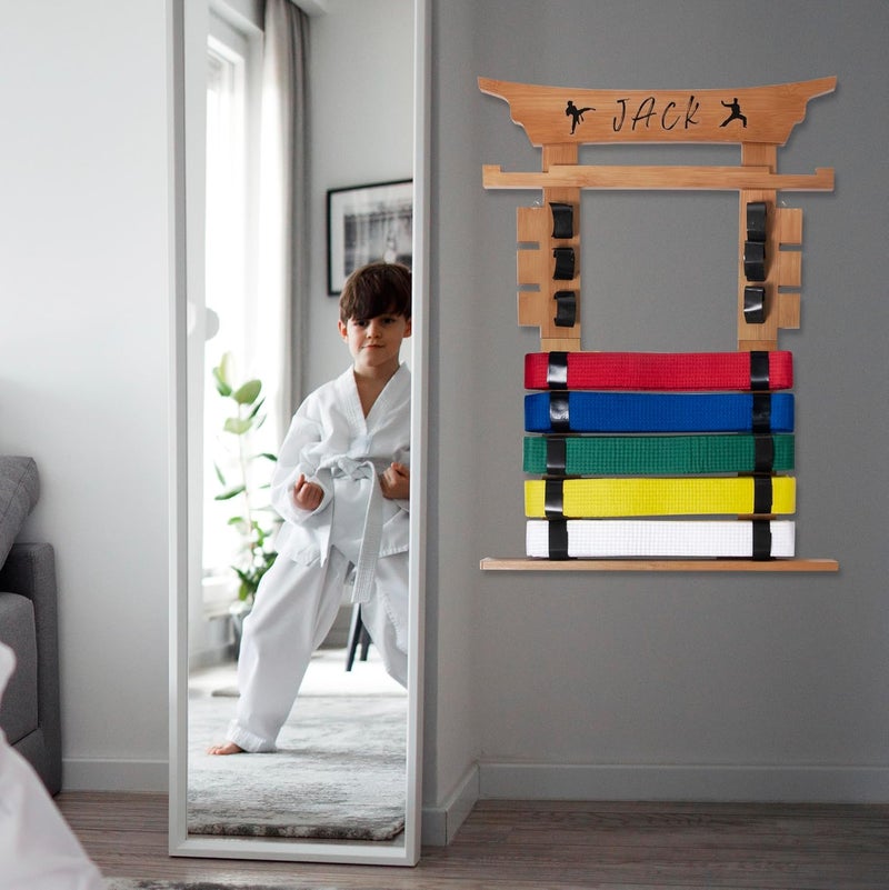 humberboat Wall Karate Belt Display Rack with Medal Hanger and Stickers, Martial Arts Belt Display Holder, 8 Belt Taekwondo Belt Belt Display Hanging Holder for Kids and Adults-Brown - Image 2